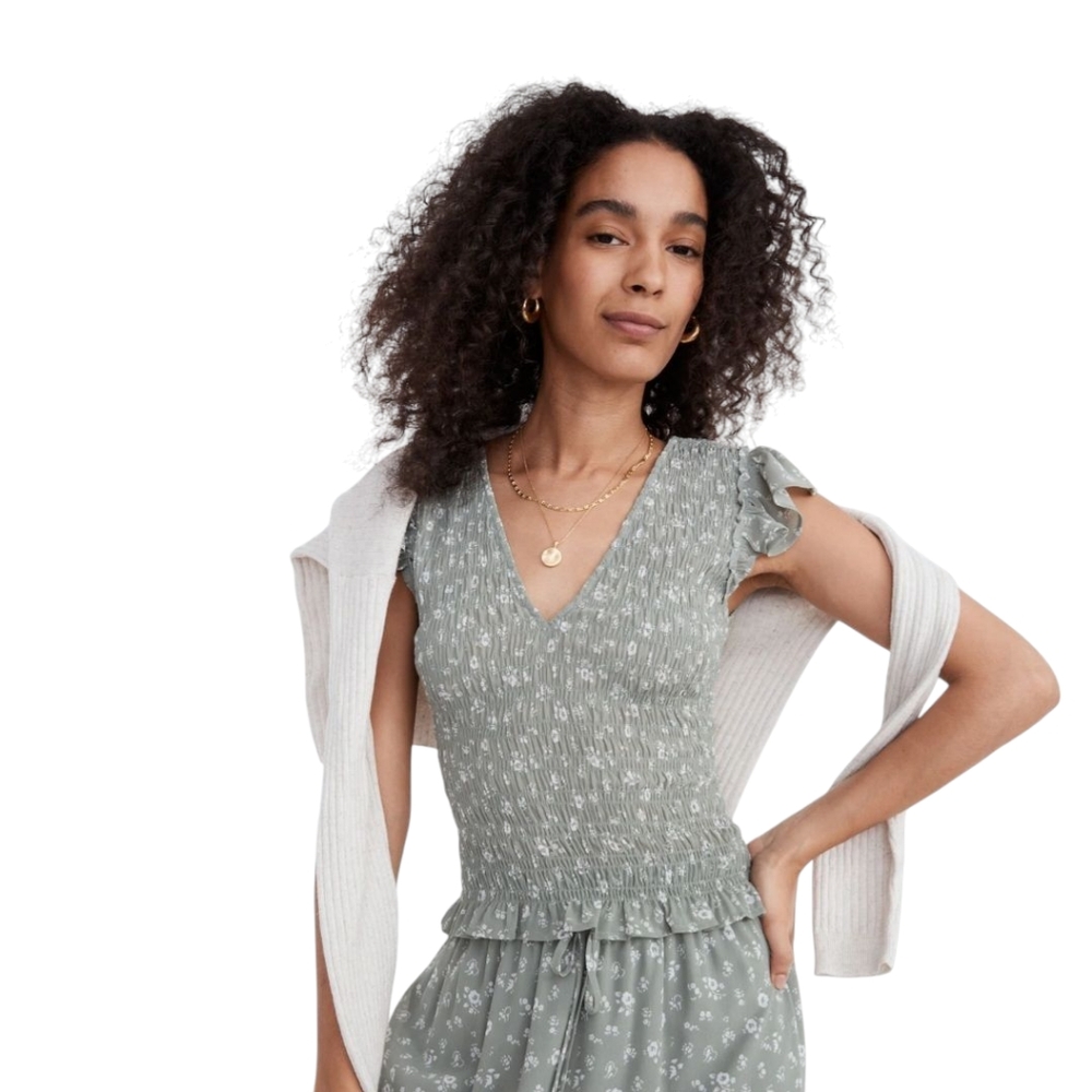 Madewell Sage Green Floral Smocked V-Neck Blouse